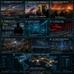 Global news collage of conflicts, disasters and markets