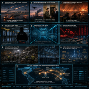 Global news collage of conflicts, disasters and markets