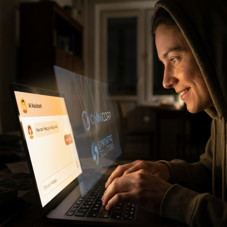 Person mit Hoodie nutzt KI-Assistent am Laptop