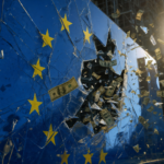 Shattered euro symbol with flying dollar bills