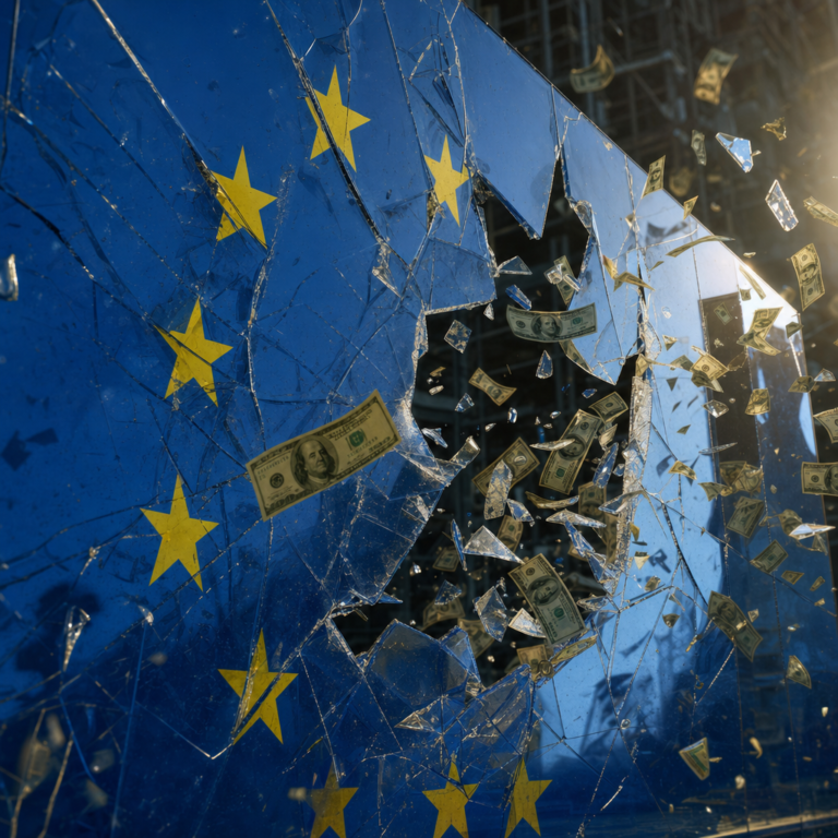 Shattered euro symbol with flying dollar bills