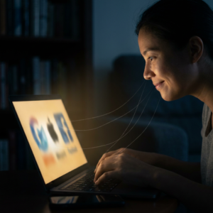 Femme souriante utilisant un ordinateur portable la nuit