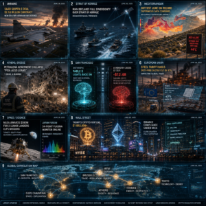 Global news collage featuring geopolitics, climate and technology