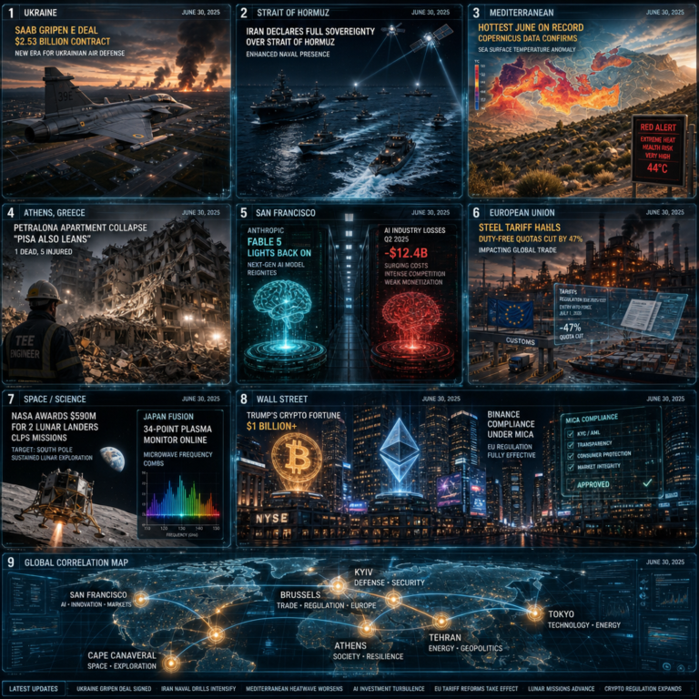 Global news collage featuring geopolitics, climate and technology
