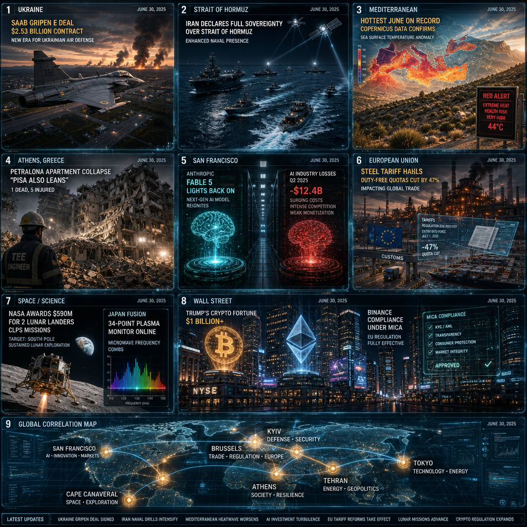 Global news collage featuring geopolitics, climate and technology