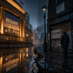 Rainy London street with resilience government billboard