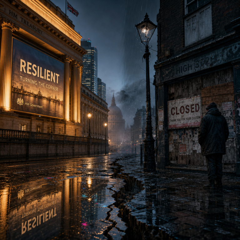 Rainy London street with resilience government billboard