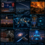 Global news collage covering geopolitics, science, climate, crypto
