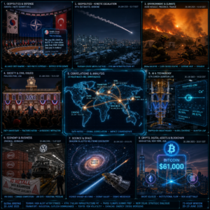 Global news collage covering geopolitics, science, climate, crypto