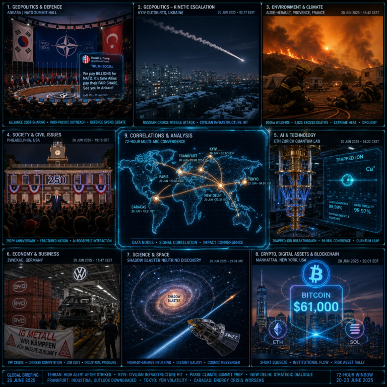 Global news collage covering geopolitics, science, climate, crypto