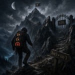 Climber ascending mountain towards Bitcoin flag at summit