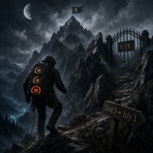 Climber ascending mountain towards Bitcoin flag at summit