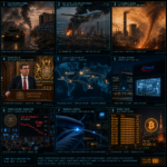 Global news dashboard showing conflicts, markets, and technology