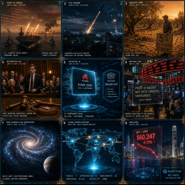 Global crisis montage of war, markets, space