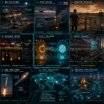 Nine-panel global news and geopolitics dashboard graphic
