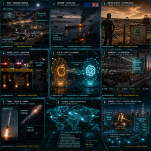 Nine-panel global news and geopolitics dashboard graphic