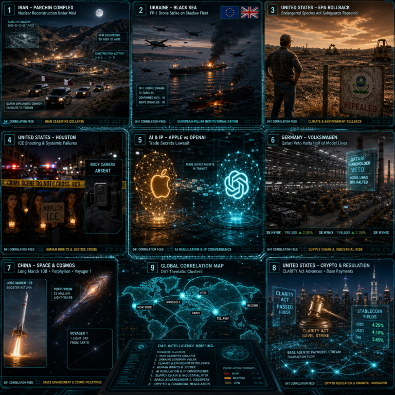 Nine-panel global news and geopolitics dashboard graphic