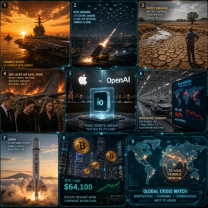 Global news collage of geopolitical and economic crises
