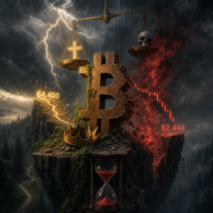 Bitcoin symbol on cliff with scales and storm