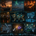 Global crisis montage: war, wildfire, markets, space