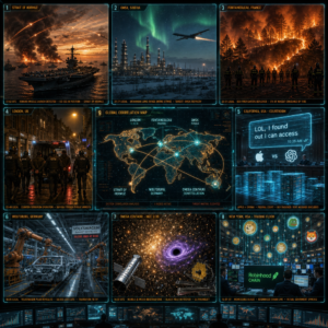 Global crisis montage: war, wildfire, markets, space