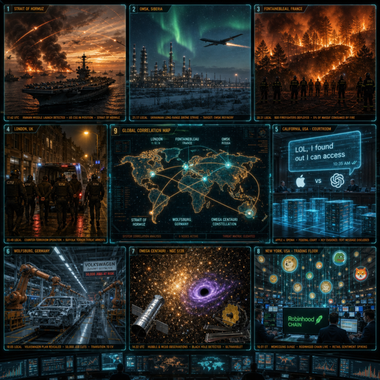 Global crisis montage: war, wildfire, markets, space