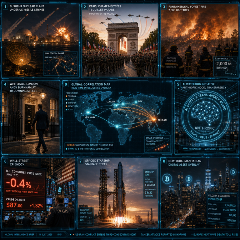 Global news collage of conflict, markets, AI, space