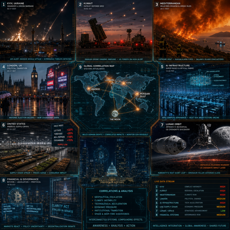 Global crisis dashboard showing geopolitical and climate events
