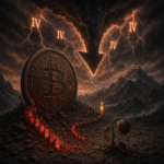 Giant Bitcoin coin amid storm and falling charts
