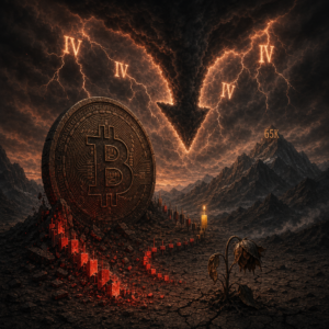 Giant Bitcoin coin amid storm and falling charts