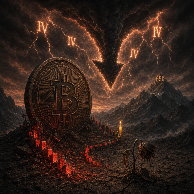 Giant Bitcoin coin amid storm and falling charts
