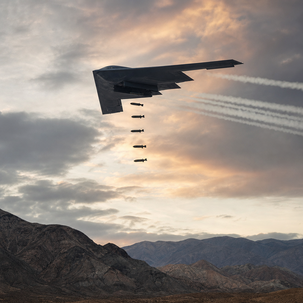 Stealth bomber releasing bombs over mountains at sunset