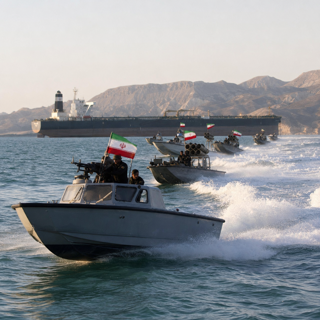 Iranian military speedboats near oil tanker at sea