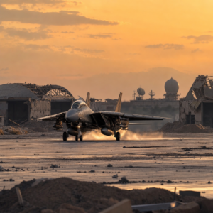 Avion de chasse sur piste au coucher du soleil