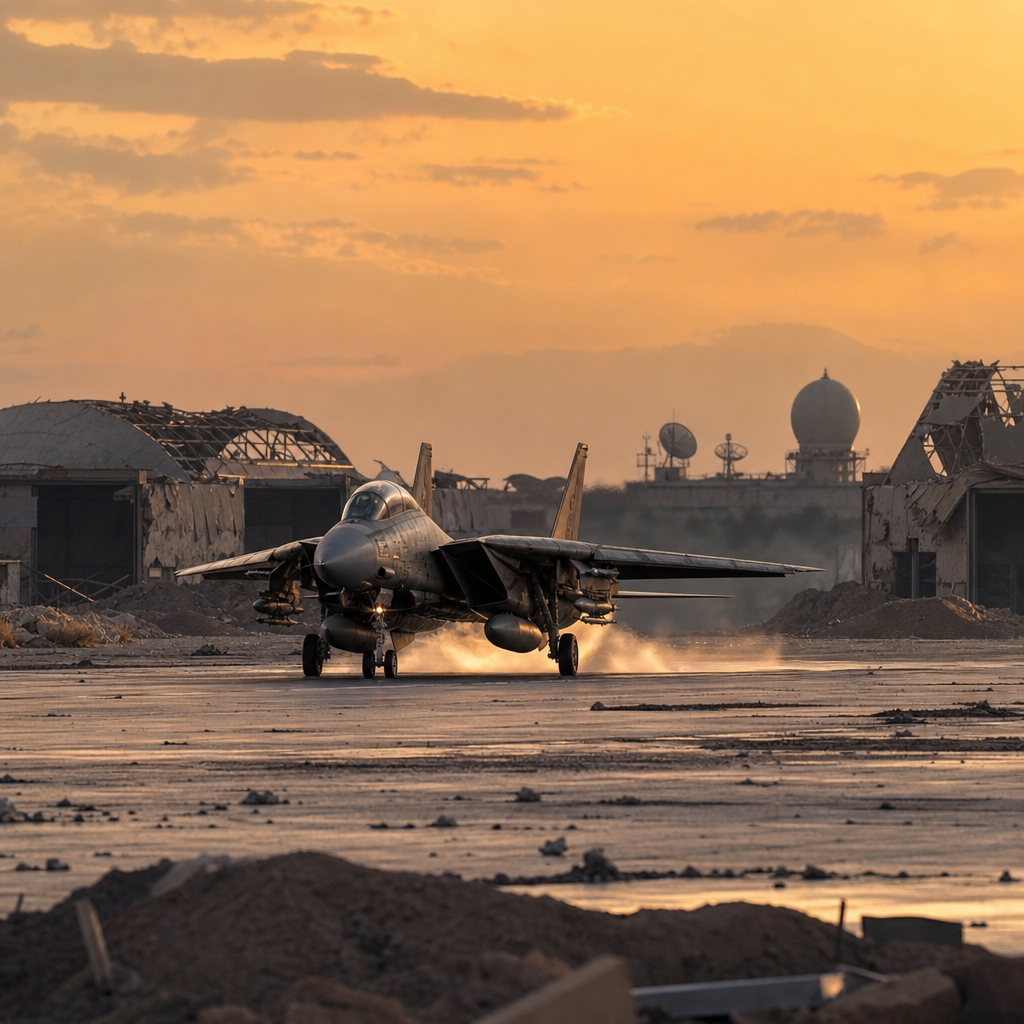 Fighter jet taxiing on damaged runway at sunset