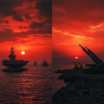 Warships and missiles silhouetted against red sunset