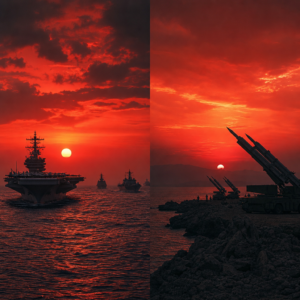 Warships and missiles silhouetted against red sunset