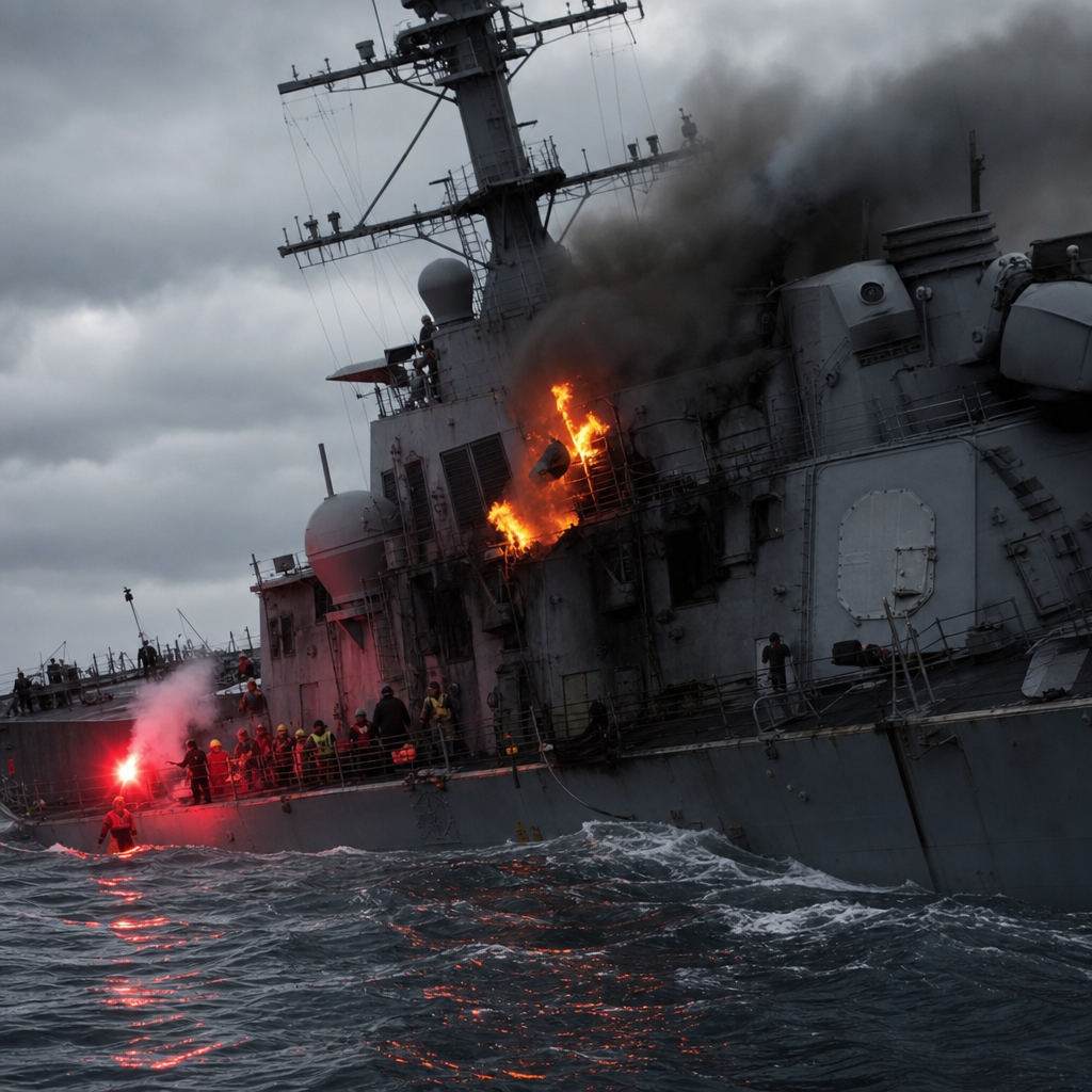 Warship ablaze at sea with crew and flare