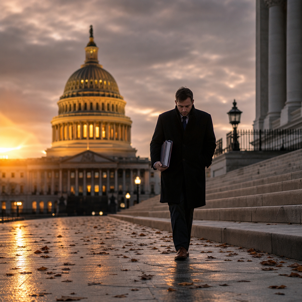 Man walking near US Capitol at sunset