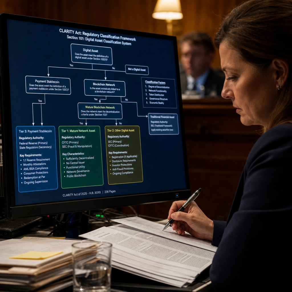 Woman reviewing digital asset regulation framework on computer