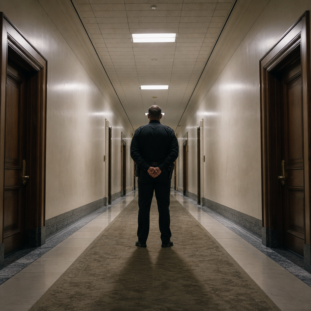 Security guard standing in empty corridor