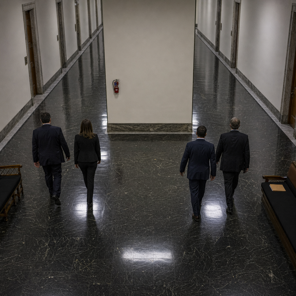 Four officials walking down marble corridor