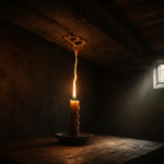 Candle flame reaching carved Bitcoin symbol above
