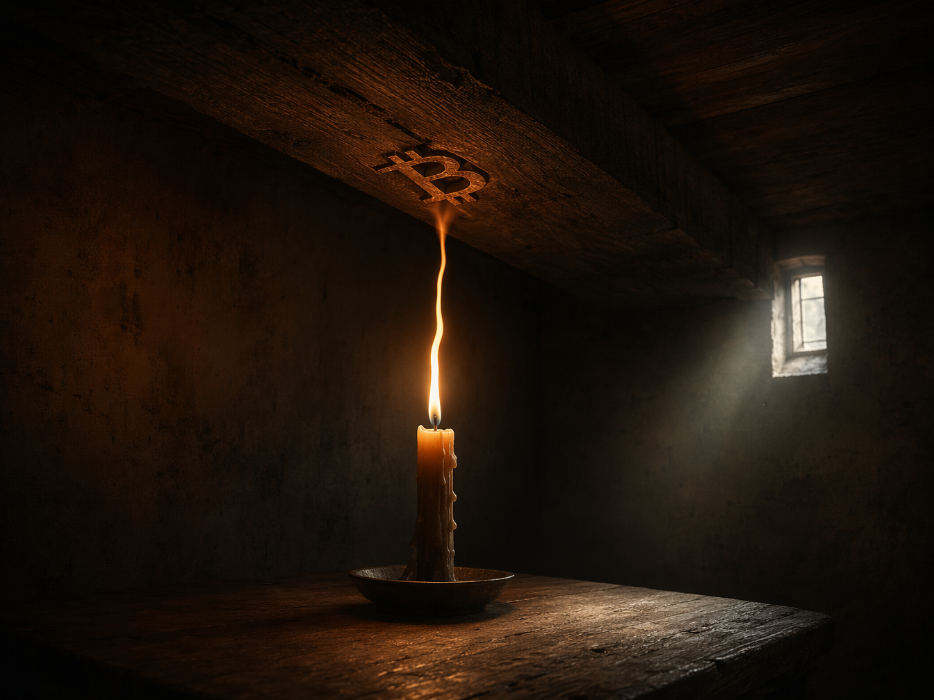 Candle flame reaching carved Bitcoin symbol above