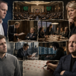 Collage of tense political meetings and decision-making scenes