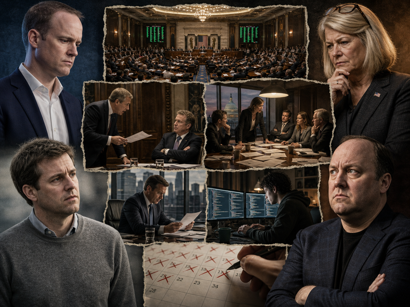 Collage of tense political meetings and decision-making scenes