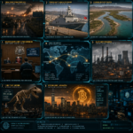 Global news dashboard with war, finance and industry scenes