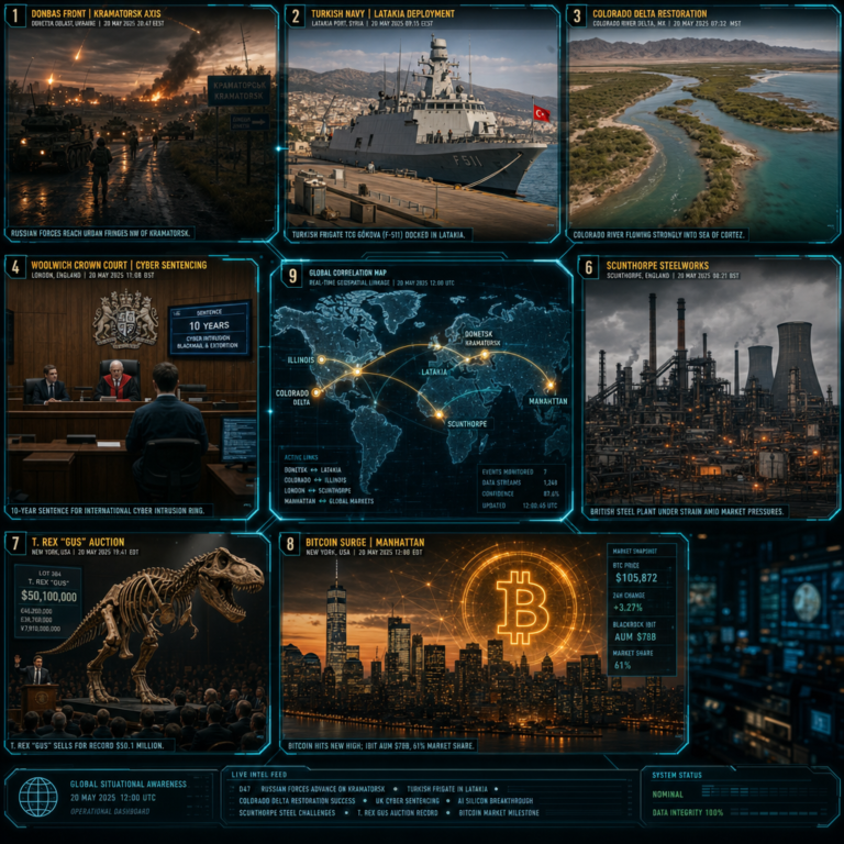 Global news dashboard with war, finance and industry scenes