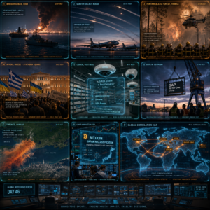 Global crisis dashboard showing conflicts, protests, markets, wildfires