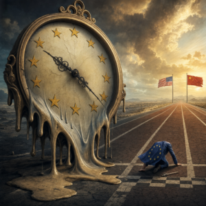 Schmelzende Uhr mit EU-Sternen und Flaggen